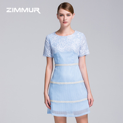 ZIMMUR2015夏季新款女装圆领短袖欧美时尚钉珠拼接蕾丝连衣裙
