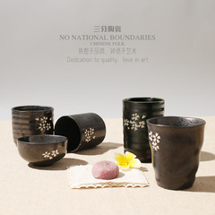 日式米茶杯和风樱花杯子哑光古朴陶瓷杯直身杯水杯创意茶具三分烧