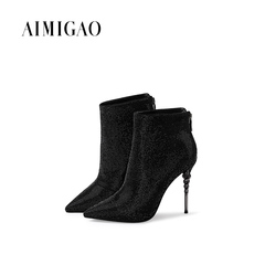 AIMIGAO爱米高2016秋冬新款 水钻羊S细跟尖头短靴女欧美高跟靴子