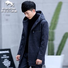 秋冬款男士英伦毛呢大衣青年休闲中长款连帽韩版修身羊毛呢子外套