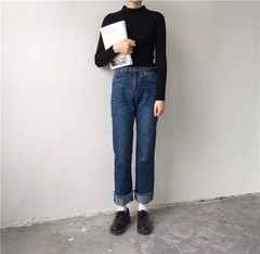 DUTE 韩国订单复古秋装新款宽松直筒卷边显瘦牛仔裤