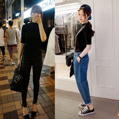 2016韩版时尚女装半高领五分袖t恤女修身紧身上衣黑色中袖打底衫