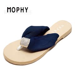 MOPHY 新款雪纺带水钻装饰 防滑鞋底沙滩人字凉拖鞋