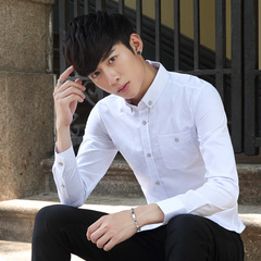 冬季韩版加绒加厚长袖衬衫男修身小领白色衬衣个性寸衫潮学生衣服