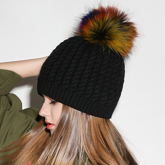 韩版冬天帽子女款甜美可爱彩色真貉子毛毛球针织帽纯色均码毛线帽