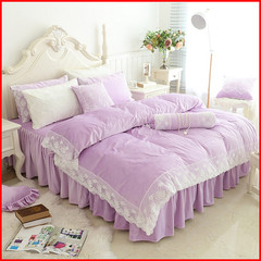 韩式保暖秋冬珊瑚绒四件套加厚紫色蕾丝花边1.8m2.0m床被套床裙式