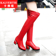 粗跟女长靴靴套筒女靴酒红色时尚尖头黑色骑士靴修靴子女鞋