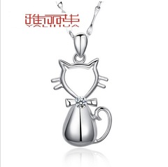 s925纯银女镂空气质猫咪吊坠 项坠 项链 韩国版复古首饰珠宝