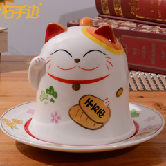 招财猫陶瓷带盖水杯 个性创意咖啡牛奶杯生日礼物 卡通彩绘陶瓷杯