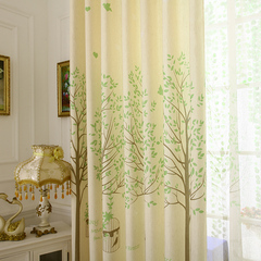 暖房子韩国清新田园窗帘小树绿色粉色亚麻遮光窗帘卧室客厅窗帘布
