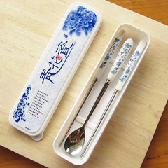 韩式陶瓷不锈钢便携餐具二件套 学生可爱筷子盒勺子套装儿童旅行