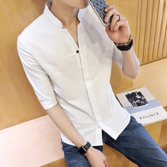 夏季短袖衬衫男士韩版休闲纯色棉麻立领白衬衣中袖修身青年潮流男