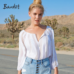 Bardot女士夏季款度假风白色蕾丝圆领宽松雪纺衫35068TBX