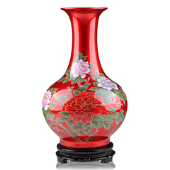 景德镇陶瓷器水晶釉花开富贵中国红花瓶 现代家居客厅工艺品摆件