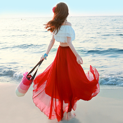 2016夏季新款女装红色半身裙雪纺长裙波西米亚沙滩裙海边度假裙子