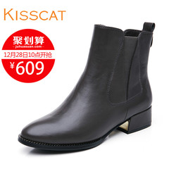 接吻猫女切尔西靴新款牛皮中跟圆头通勤舒适套脚短靴K55520-02DB