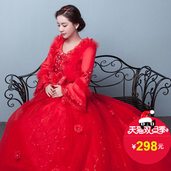 冬季婚纱孕妇拖尾长袖加厚保暖2016新款韩式修身红色婚纱礼服新娘
