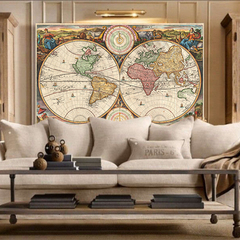欧美复古世界地图客厅装饰画航海图海报书房挂画办公室无框画壁画