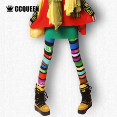 Ccqueen春装新款个性潮人街头涂鸦印花图案花色修身弹力打底裤