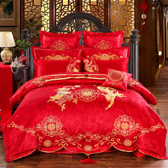 婚庆四件套大红刺绣新婚床品结婚六八十件套婚床被套绣花床上用品