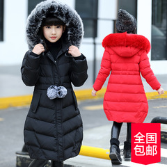 2016新款儿童棉衣服女童中长款冬装加厚外套中大童女孩黑红色上衣