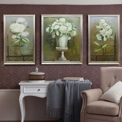 美式中式古典写实花卉卧室客厅沙发背景组合三联装饰有框挂画壁画