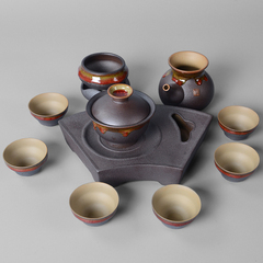 言艺茶尚 初缘盖碗 铁陶釉功夫茶具套装 整套铁锈釉茶具