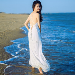 2016夏季性感吊带露背显瘦海边度假必备沙滩裙白色仙女长裙连衣裙
