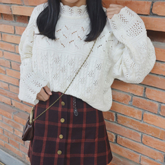 韩版女装秋冬气质小高领镂空学生短款套头针织衫宽松长袖毛衣外套