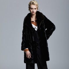 2016冬季女装新款整貂皮大衣中长款紫貂领黑色天鹅绒水貂皮草外套