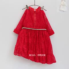 韩版童装女童2016春装新款儿童韩版甜美斜边蕾丝长袖连衣裙