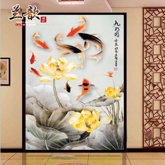 现代中式古典水墨九鱼壁画 客厅电视背景墙纸大型壁画 无纺布墙纸