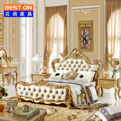 欧式床 真皮法式床香槟金色双人床1.5米实木床1.8米结婚床皮艺床