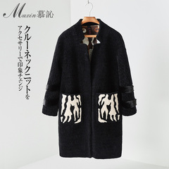 慕M 冬季新款羊剪绒皮草外套女水貂袖中长款印花九分袖羊毛大衣