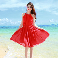 红色雪纺吊带连衣裙夏海边度假必备海滩裙沙滩裙波西米亚短裙显瘦