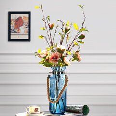 客厅餐桌玻璃花器假花绢布花天蓝玻璃花瓶摆件整体花艺仿真花套装