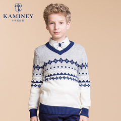 卡米尼男童V领毛衣2016冬装新款欧美风中大童针织衫儿童羊毛衫