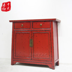 红色做旧玄关柜实木榆木鞋柜两门两抽明清古典彩漆储物柜隔断边几