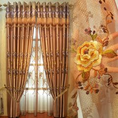 可米欧式窗帘客厅婚房卧室遮光高档卧室成品绣花窗帘纱帘金色牡丹