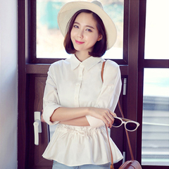 韩版春季宽松白色衬衫长袖纯棉系带收腰荷叶边百搭衬衣