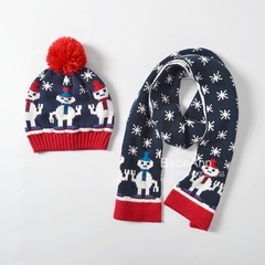 外贸儿童双层棉线套头帽围巾套装 雪人提花宝宝针织保暖帽子围巾