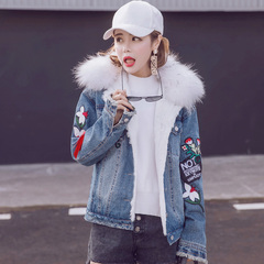 2016冬季新款韩版时尚刺绣短款羊羔毛大毛领牛仔棉衣加绒外套女潮