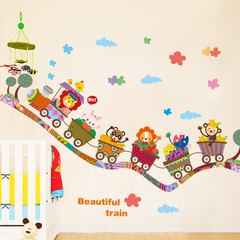 卡通动物火车可移除墙贴纸 可爱儿童房宝宝卧室背景墙壁装饰贴画