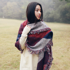 秋冬云南西藏文艺民族风羊绒彩色格子披肩两用超大加厚保暖围巾
