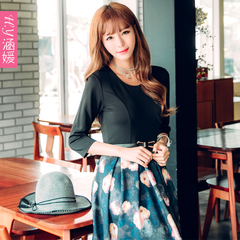 2016年秋季新款九分袖女装 韩版中腰秋装修身显瘦长袖连衣裙 长裙