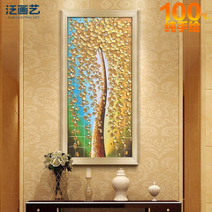 金色竖版发财树单幅手绘油画欧式美式玄关装饰画走廊挂画连廊墙画
