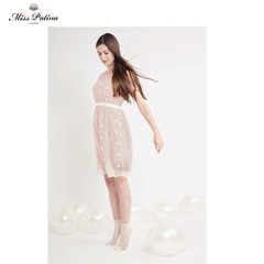 MissPatina16新款英伦复古梦幻蕾丝花朵连衣裙撞色系带气质连衣裙
