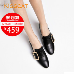 kisscat接吻猫2016秋新款方扣单鞋休闲羊皮粗跟女鞋DA76589-14