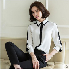 2016春装新款职业女衬衫韩版气质修身显瘦长袖黑白拼接条纹打底衣
