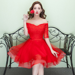 新娘敬酒服秋冬季2016新款韩式一字肩短款蕾丝红色结婚礼服中袖女